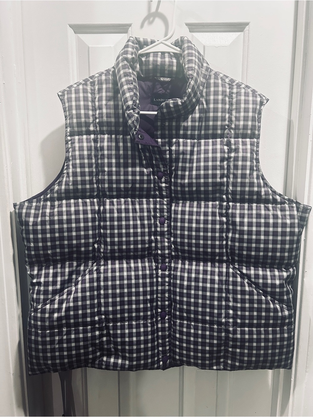 Lands' End Women's Quilted Plaid Puffer Vest in Purple & White